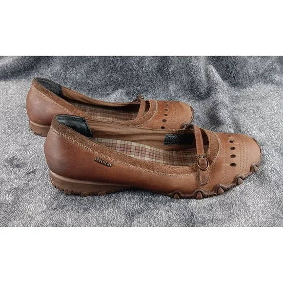 Skechers Women Brown Leather‎ Perforated Ballet Flats Mary Jane Shoes Size 9.5 - Picture 3 of 8